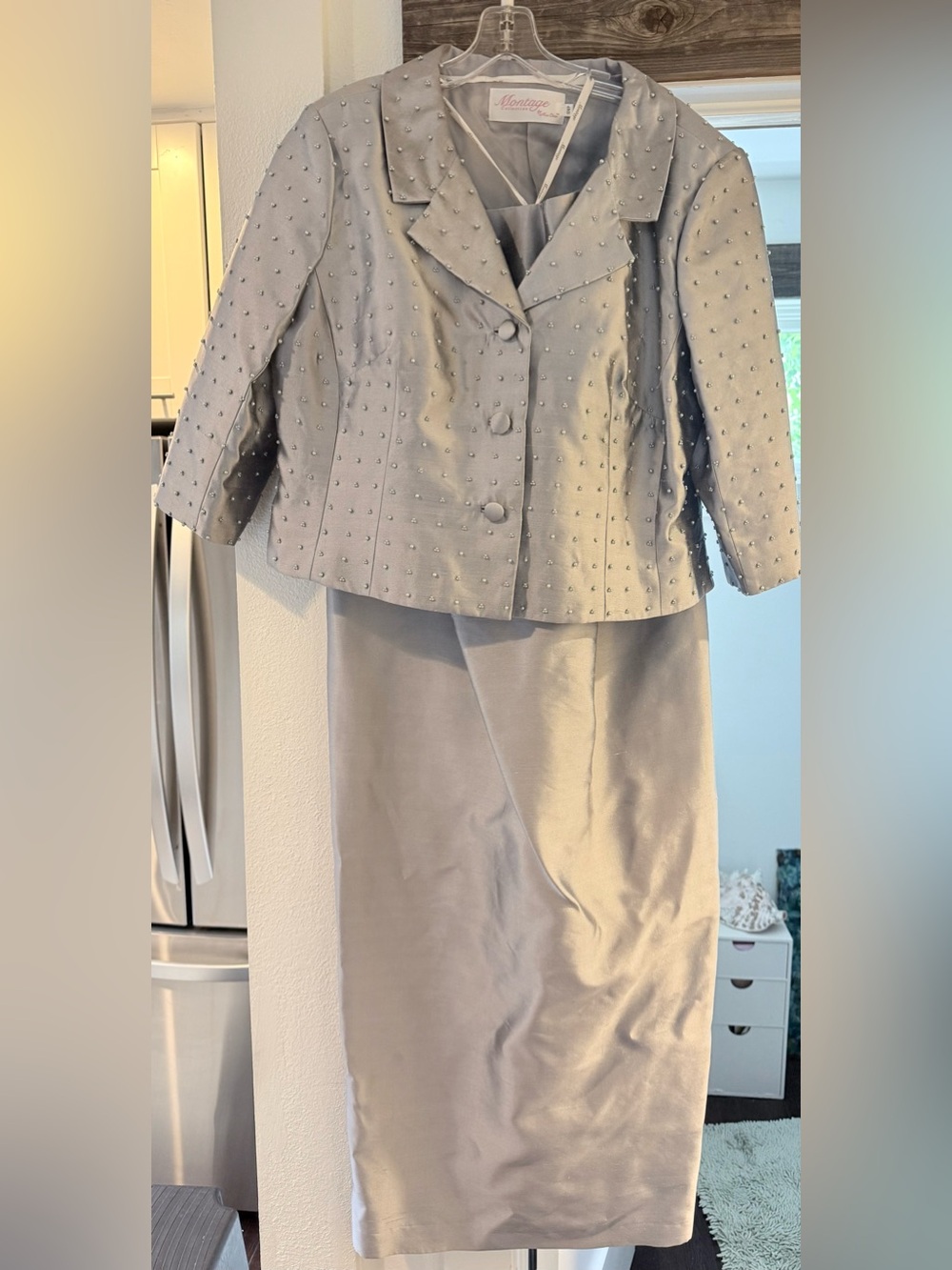 Wedding, formal Maison Jules 100% silk Silver Dress w beaded Cropped Blazer NWT